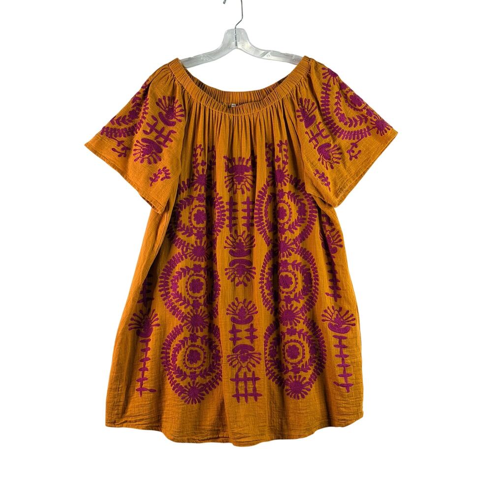 Uncle Frank Off the Shoulder Embroidered Crinkle Cotton Gauze Shift Dress Boho